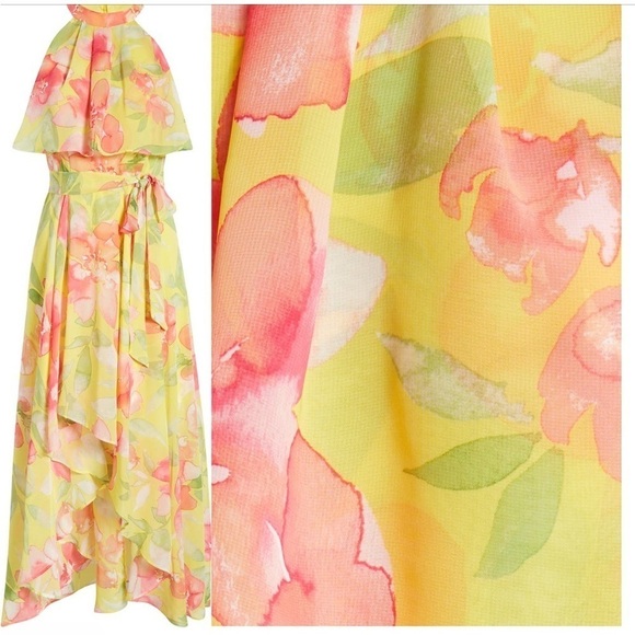 Eliza J Floral Halter Neck High Low Dress In Yellow - Picture 2 of 14